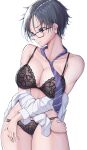  1girl absurdres bangs black_bra black_hair black_panties blush bra breasts cleavage collarbone glasses hair_between_eyes hand_on_hip highres himeliofon large_breasts leaf_print long_sleeves looking_to_the_side mole mole_under_mouth necktie office_lady original panties parted_bangs purple_eyes purple_neckwear shirt short_hair simple_background solo striped striped_neckwear thick_thighs thighs underwear undressing white_background white_shirt x_arms 