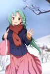  1girl :d bag blue_coat blurry blurry_background blush coat day floating_hair green_eyes green_hair gulim hair_intakes highres higurashi_no_naku_koro_ni holding holding_bag long_hair long_sleeves looking_at_viewer medium_skirt open_mouth outdoors pink_skirt pleated_skirt red_scarf scarf skirt smile snow solo sonozaki_mion sweater very_long_hair yellow_sweater 