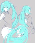 1girl absurdres aqua_eyes aqua_hair closed_mouth eyebrows_visible_through_hair ff_frbb122 grey_background grey_shirt greyscale hatsune_miku highres long_hair looking_at_viewer looking_to_the_side monochrome shirt skirt solo twintails vocaloid 