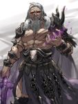  1boy armor bare_pecs beard chain facial_hair fire_emblem fire_emblem:_three_houses long_hair looking_at_viewer muscular mustache mutomorokoshi nemesis_(fire_emblem) red_eyes scar scar_on_chest scar_on_face shirtless shoulder_armor simple_background upper_body white_hair 