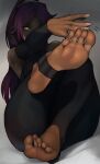  1girl bangs black_bodysuit bleach bodystocking bodysuit breasts dark_skin dark_skinned_female detached_sleeves feet fingernails foot_focus foot_up highres large_breasts legs_together long_hair looking_at_viewer one_eye_covered parted_bangs ponytail purple_hair scathegrapes sharp_fingernails shihouin_yoruichi sitting skin_tight soles solo stirrup_legwear thick_thighs thighs toeless_legwear toenails toes yellow_eyes 