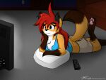  anthro canid canine clothing controller female fox hi_res jknewlife mammal remote_control sara_aria solo television 