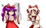  2girls animal_ears bell brown_eyes cat_ears cat_tail closed_eyes cowboy_shot dress gohei hakurei_reimu hakurei_reimu_(pc-98) japanese_clothes kostcop long_hair looking_at_viewer lowres maneki-neko midriff miko multicolored multicolored_clothes multicolored_dress multicolored_shirt multiple_girls neck_bell patches pc98 pixel_art purple_hair red_dress scratching_head short_hair short_sleeves skirt smile tail touhou unconnected_marketeers unnamed_cat_girl_(touhou) white_background 