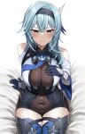  1girl 3: absurdres arm_support blue_gloves blue_hair blue_legwear bodystocking breasts cleavage closed_mouth clothing_cutout covered_navel eula_(genshin_impact) gauntlets genshin_impact gloves hair_ornament hairband hand_on_own_chest highres large_breasts long_hair looking_at_viewer purple_eyes shengtian shirt shoulder_cutout sitting solo thighhighs thighs white_shirt 