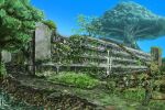  aircraft bird blue_sky broken building commentary_request day giant_tree helicopter highres nature no_humans original outdoors overgrown path plant ruins scenery sky suzuke tree vines water waterfall wreckage 