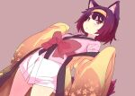  1girl animal_ear_fluff animal_ears bangs blush bow cowboy_shot fox_ears fox_tail hairband haori hatsuse_izuna japanese_clothes kimono no_game_no_life no_panties open_mouth petenshi_(dr._vermilion) purple_eyes purple_hair red_bow short_hair short_kimono simple_background sleeves_past_wrists solo tail waist_bow yellow_hairband 