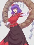  1girl bangs black_skirt breasts cowboy_shot eyebrows_behind_hair grey_background hair_ornament hands_on_hips highres kakone large_breasts leaf_hair_ornament long_skirt long_sleeves looking_at_viewer mirror open_mouth outstretched_arms purple_hair red_eyes red_shirt rope shide shimenawa shirt short_hair short_over_long_sleeves short_sleeves simple_background skirt solo spread_arms standing touhou yasaka_kanako 