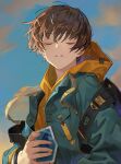  1boy absurdres backpack bag bangs blue_jacket bracelet brown_hair chyoel clock closed_eyes cloud digital_clock eyebrows_visible_through_hair hair_between_eyes highres holding hood hoodie jacket jewelry male_focus original photo_(object) sky yellow_hoodie 