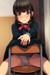  1girl absurdres bangs black_hair black_sailor_collar black_serafuku black_shirt black_skirt blush brown_eyes chair eyebrows_visible_through_hair feet_out_of_frame highres long_sleeves looking_at_viewer low_twintails matsunaga_kouyou nose_blush on_chair original panties parted_lips pleated_skirt red_neckwear sailor_collar school_chair school_uniform serafuku shirt sitting sitting_backwards skirt solo spread_legs striped striped_panties twintails underwear 