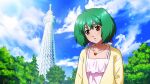  1girl ahoge brown_eyes cardigan collarbone game_cg green_hair heart heart_necklace jewelry macross macross_frontier macross_frontier:_itsuwari_no_utahime necklace official_art outdoors ranka_lee short_hair solo spaghetti_strap uta_macross_sumaho_deculture 