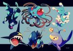  brionne brown_eyes clawitzer closed_eyes closed_mouth commentary_request eyelashes fish gen_1_pokemon gen_2_pokemon gen_3_pokemon gen_4_pokemon gen_6_pokemon gen_7_pokemon highres jacknaiff lanturn lumineon no_humans open_mouth outline pokemon pokemon_(creature) sharp_teeth sharpedo smile teeth tentacruel tongue 