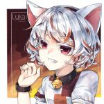  animal_ears bell cat_ears choker clenched_teeth eyebrows_visible_through_hair fang grin hand_up multicolored_hair neck_bell orange_hair red_eyes shirt short_hair signature smile teeth thick_eyelashes touhou unconnected_marketeers unnamed_cat_girl_(touhou) user_gufr8727 white_hair 