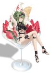  1girl absurdres antenna_hair arknights arms_up bangs bare_legs black_footwear blush breasts chinese_commentary commentary_request crocodilian_tail crossed_legs cup da_akana_xiv drinking_glass food gavial_(arknights) green_hair green_nails grin highres ice_cream long_hair looking_at_viewer medium_breasts navel open_clothes open_shirt parted_lips pointy_ears ponytail pouch sandals see-through shadow simple_background sitting smile solo stomach tail thigh_strap thighs toenail_polish underboob visor_cap white_background wine_glass yellow_eyes 