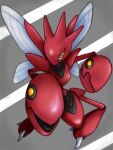  akasi3bri commentary_request full_body gen_2_pokemon grey_background looking_at_viewer no_humans orange_eyes pincers pokemon pokemon_(creature) scizor solo striped striped_background 