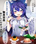 1girl :d bangle bangs blue_bow blue_eyes blue_hair blush bow bracelet buta_(uhoiiotoko) chopsticks commentary_request cucumber debt eyebrows_visible_through_hair food hair_between_eyes hair_bow happy highres holding holding_chopsticks hood hoodie jewelry long_hair looking_at_viewer open_mouth pudding senbei short_sleeves smile solo soy_sauce touhou translation_request upper_body white_hoodie yorigami_shion 