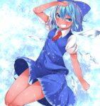  1girl bangs blue_dress blue_eyes blue_hair blush bow breasts buta_(uhoiiotoko) cirno collared_shirt commentary_request dress eyebrows_visible_through_hair full_body grin hair_between_eyes hair_bow ice ice_wings jumping looking_at_viewer necktie pinafore_dress puffy_short_sleeves puffy_sleeves red_neckwear shiny shiny_hair shiny_skin shirt short_hair short_sleeves small_breasts smile snow solo tan tanned_cirno touhou white_shirt wing_collar wings 