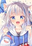  &gt;_&lt; 1girl :d absurdres animal_ear_fluff animal_ears bangs bloop_(gawr_gura) blue_eyes blue_hair blue_hoodie blue_nails blush breasts brown_background cat_ears claw_pose closed_eyes commentary_request drawstring eyebrows_visible_through_hair fish_tail gawr_gura hair_ornament hands_up heart highres hololive hololive_english hood hood_down hoodie long_hair long_sleeves looking_at_viewer multicolored_hair nail_polish neko_pan open_mouth shark_tail sharp_teeth silver_hair simple_background small_breasts smile starry_background streaked_hair tail teeth two_side_up virtual_youtuber wide_sleeves xd 