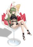  1girl absurdres antenna_hair arknights armpits arms_up bangs bare_legs bare_shoulders black_footwear blush breasts chinese_commentary commentary_request crocodilian_tail crossed_legs cup da_akana_xiv drinking_glass food gavial_(arknights) green_hair green_nails grin highres ice_cream long_hair looking_at_viewer medium_breasts navel parted_lips pointy_ears pouch sandals shadow simple_background sitting smile solo stomach tail thigh_strap thighs toenail_polish underboob white_background wine_glass yellow_eyes 