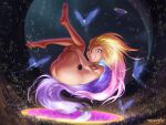  1girl absurdres ass blonde_hair blush braid feet floating_hair gradient_hair heterochromia highres holding_legs league_of_legends legs_up long_hair mayhem_art multicolored_hair petite portal_(object) smile solo space very_long_hair zoe_(league_of_legends) 