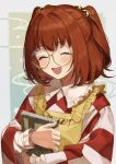  apron bangs book checkered checkered_kimono closed_eyes glasses highres holding holding_book japanese_clothes kimono looking_at_viewer motoori_kosuzu name_tag open_mouth red_hair smile touhou yokujitsu 