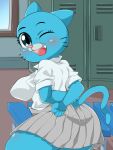  2019 alternate_version_at_source anthro blush breasts cartoon_network clothing felid feline female hi_res locker_room mammal nicole_watterson one_eye_closed open_mouth solo the_amazing_world_of_gumball umejiru_mlp whiskers wink 