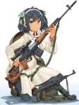  1girl beige_dress black_hair breasts brown_footwear dark_skin dark_skinned_female dragunov_svd eyebrows_visible_through_hair gradient gradient_background green_bag gun hair_behind_ear hairband highres holding holding_gun holding_weapon k-50m kneeling looking_at_viewer medium_breasts mikeran_(mikelan) one_knee original rifle shadow short_hair smile sniper_rifle solo submachine_gun v-shaped_eyebrows vietnamese_dress weapon white_hairband 