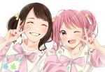  2girls :d ;d bang_dream! bow brown_hair elu_pom hair_ornament hand_up highres looking_at_viewer maeshima_ami maruyama_aya multiple_girls nail_polish one_eye_closed open_mouth pink_bow pink_eyes pink_hair seiyuu selfie shirt short_twintails smile twintails upper_body v white_shirt 