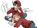  2boys :o aa-2153 ac-1677 ahoge banchii blonde_hair blue_pants brown_hair cabbie_hat denim glasses gloves hat hataraku_saibou hataraku_saibou_black highres jacket lying multiple_boys on_side pants red_blood_cell_(hataraku_saibou) red_headwear red_jacket short_hair sleeping thought_bubble white_background white_gloves 