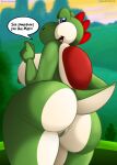  2021 anonymous_artist anthro anthrofied big_breasts big_butt blue_eyes breasts butt edit el-loko female game_(disambiguation) genitals green_body green_yoshi hi_res looking_back mario_bros multicolored_body nintendo nipples open_mouth pussy solo speech_bubble text tongue video_games white_body yoshi 