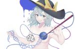  1girl dna_strand dripping eyeball green_eyes green_hair hat hat_ribbon highres holding kanji komeiji_koishi looking_at_viewer nude ououren ribbon signature smile stitched_eye stitches third_eye touhou upper_body wavy_hair white_background 