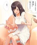  1girl a1 bare_shoulders breasts brown_eyes brown_hair button_gap couch dress ichijou_hotaru medium_breasts non_non_biyori open_mouth revision sex_toy sitting sleeveless sleeveless_dress smile solo_focus speech_bubble sweatdrop translated twitter_username vibrator white_dress 