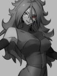  1girl android_21 black_sclera blue_eyes breasts checkered checkered_dress colored_sclera dragon_ball dragon_ball_fighterz dress earrings grey_background greyscale hair_between_eyes heterochromia hoop_earrings jewelry kemachiku long_hair looking_at_viewer medium_breasts monochrome open_mouth red_eyes simple_background smile solo teeth upper_teeth 