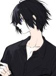  1boy black_hair black_shirt blue_eyes collarbone collared_shirt crossed_arms earrings jack_macarthur jewelry long_sleeves looking_to_the_side male_focus original pale_skin parted_lips profile shirt short_hair simple_background solo upper_body waka_(shark_waka) white_background 
