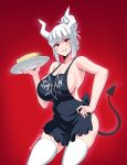  1girl absurdres apron black_apron black_tail demon_horns demon_tail english_text food hand_on_hip helltaker highres horns lucifer_(helltaker) naked_apron pancake plate red_background red_eyes smile sole_gem tail thighhighs thighs tied_hair twitter_username white_horns white_legwear 