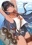  1girl aa_gun akagi_kurage armpits arms_up black_hair blue_eyes blue_swimsuit eyebrows_visible_through_hair hair_between_eyes headgear highres i-400_(kancolle) kantai_collection light_rays looking_back machinery one-piece_tan open_mouth orange_sailor_collar sailor_collar sailor_shirt school_swimsuit shirt side-tie_shirt sleeveless sleeveless_shirt smile solo submerged swimming swimsuit swimsuit_under_clothes tan tanline torpedo underwater water 