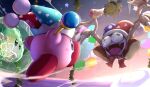  angry battle blue_eyes galactic_nova gonzarez hat highres holding holding_wand honeycomb_(pattern) jester_cap kirby kirby_(series) kirby_super_star marx plasma_wisp purple_eyes running space tongue tongue_out wand 