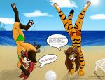  anthro ball beach bikini canid canine clothing cloud dialogue duo eyewear felid female fox glasses hair hanna_(jknewlife) jknewlife mammal pantherine sara_aria seaside sky sun swimwear tiger volleyball_(ball) 