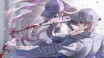  1boy 1girl black_eyes blood bloody_clothes bloody_weapon blue_eyes breasts character_name cleavage gloves hataraku_saibou hataraku_saibou_black highres large_breasts long_hair open_clothes peach_luo pocket u-1146 u-1196 weapon white_blood_cell_(hataraku_saibou) white_gloves white_headwear 