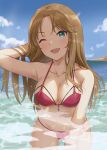  1girl :3 :d absurdres aqua_eyes arm_up bangs bare_arms bare_shoulders bikini blue_sky blush breasts brown_hair cleavage cloud collarbone emu_(emum) eyebrows_visible_through_hair halterneck hand_in_hair highres idolmaster idolmaster_cinderella_girls in_water long_hair looking_at_viewer matsumoto_sarina medium_breasts ocean one_eye_closed open_mouth outdoors parted_bangs red_bikini shiny sky smile solo string_bikini swimsuit water wet wet_clothes wet_hair wet_swimsuit 