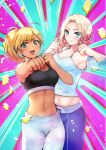  2girls :d absurdres ahoge armpits bangs bare_shoulders black_sports_bra blonde_hair blue_background blue_camisole blue_eyes blue_sleeves blush braid breasts camisole chiori_(pixiv9569926) cleavage clenched_hands closed_mouth commentary_request cowboy_shot crop_top dark_skin dark_skinned_female eyebrows_visible_through_hair fitness_boxing groin hair_between_eyes hands_up high_ponytail highres long_hair looking_at_viewer martina_(fitness_boxing) medium_breasts midriff multiple_girls navel open_mouth pants parted_bangs pink_background ponytail punching purple_pants sidelocks smile sophie_(fitness_boxing) sports_bra sportswear standing taut_clothes toned two-tone_background upper_teeth white_pants 