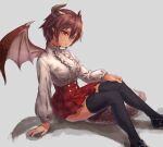  1girl black_legwear breasts brown_eyes brown_hair dragon_girl dragon_horns dragon_tail dragon_wings feet_out_of_frame grea_(shingeki_no_bahamut) hair_between_eyes hand_on_own_knee highres horns pointy_ears shadow shingeki_no_bahamut shirt short_hair simple_background sitting skirt solo tail thighhighs white_shirt wings yanyan_(shinken_gomi) 