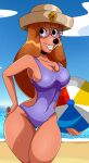  2019 5_fingers absurd_res anthro ball beach beach_ball big_breasts black_nose breasts canid canine canis cleavage clothed clothing disney domestic_dog female fingers flower goof_troop hair hand_on_hip hat headgear headwear hi_res long_hair looking_at_viewer mammal one-piece_swimsuit orange_hair outside plant sand seaside smile solo sonson-sensei stacey_(goof_troop) swimwear thick_thighs thigh_gap water 