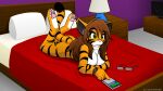  anthro bed bedroom breasts cellphone digitigrade eyewear featureless_breasts felid female furniture glasses hair hanna_(jknewlife) hi_res jknewlife lamp mammal pantherine phone solo television tiger 