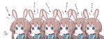  6+girls :&gt; alternate_hair_color amiya_(arknights) animal_ear_fluff animal_ears arknights ascot bangs beni_shake black_jacket blue_eyes blue_neckwear blush brown_hair bunny_ears closed_mouth commentary_request eyebrows_visible_through_hair flying_sweatdrops highres jacket long_hair multiple_girls open_clothes open_jacket ponytail sidelocks signature simple_background translated upper_body v-shaped_eyebrows white_background 