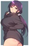  1girl ass black_sweater blue_background breasts deyuuku eyebrows_visible_through_hair green_eyes hair_ornament hair_scrunchie large_breasts long_hair long_sleeves looking_at_viewer love_live! love_live!_school_idol_project low_twintails panties pantyshot purple_hair scrunchie sleeves_past_wrists solo sweater toujou_nozomi turtleneck turtleneck_sweater twintails two-tone_background underwear white_background white_scrunchie 