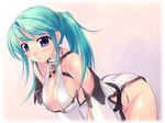  amei_sumeru bent_over breasts cleavage copyright_request green_hair large_breasts long_hair panties ponytail purple_eyes smile solo underwear white_panties 