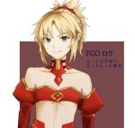  1girl arms_behind_back bare_shoulders border bra braid breasts choker copyright_name detached_sleeves eyebrows_visible_through_hair fate/apocrypha fate/grand_order fate_(series) french_braid green_eyes hair_ornament hair_scrunchie mordred_(fate) mordred_(fate)_(all) outside_border purple_background rasuku red_scrunchie red_sleeves scrunchie small_breasts smile underboob underwear upper_body white_border 