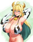  1girl ahoge animal_ears animal_print bell blonde_hair breasts colored_inner_hair cow_ears cow_girl cow_print cowbell ear_tag elbow_gloves elven_forest_maker eyebrows_visible_through_hair flower-shaped_pupils gloves green_eyes green_hair highres horns huge_breasts last_origin looking_at_viewer milk multicolored_hair murasaki_nami neck_bell open_mouth smile solo suggestive_fluid 