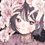  1girl bangs black_background expressionless flower grey_hair hands_up looking_at_viewer momo_walnut original purple_eyes purple_nails short_hair solo upper_body white_flower 