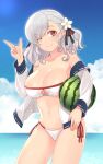  1girl bare_shoulders bikini blue_sky breasts cleavage closed_mouth collarbone eyebrows_visible_through_hair flower food fruit girls_frontline hair_flower hair_ornament hair_ribbon hand_up highres holding holding_food large_breasts long_hair looking_at_viewer navel ocean one_eye_closed red_eyes ribbon silver_hair sky smile solo spas-12_(girls_frontline) standing swimsuit swimwear watermelon white_bikini white_swimsuit yu_416416 